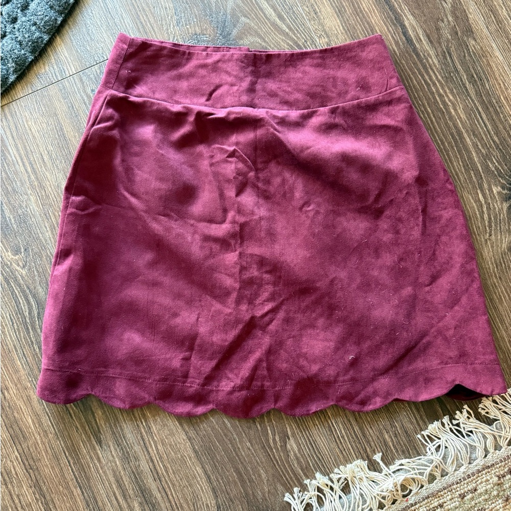 Burgundy Suede Button-Up Skirt with Scalloped Hem - Picture 3 of 3